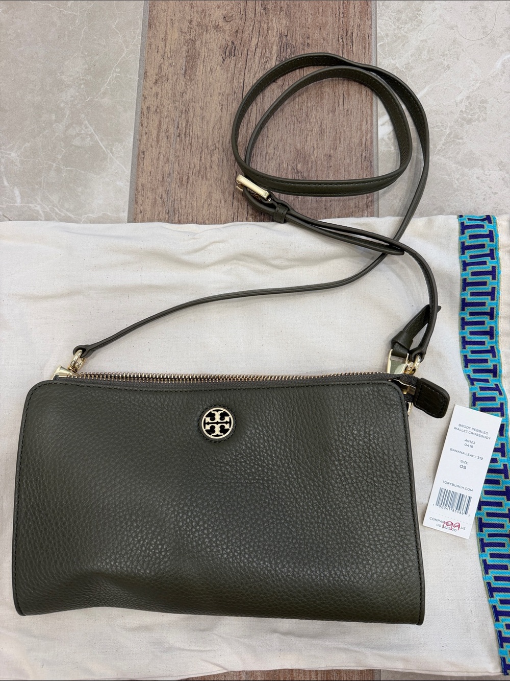 Tory Burch Brody Olive Pebbled Leather Crossbody with Gold Logo